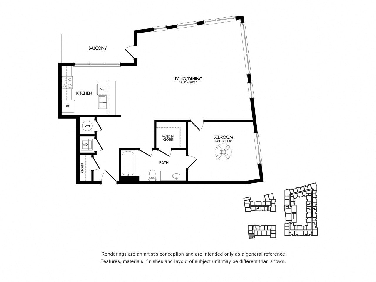 Floor plan layout diagram for 1W w/ Balcony